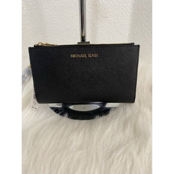 Michael Kors Saffiano Leather Double Zip Wallet Phone Case Wristlet Black Gold - Picture 10 of 10